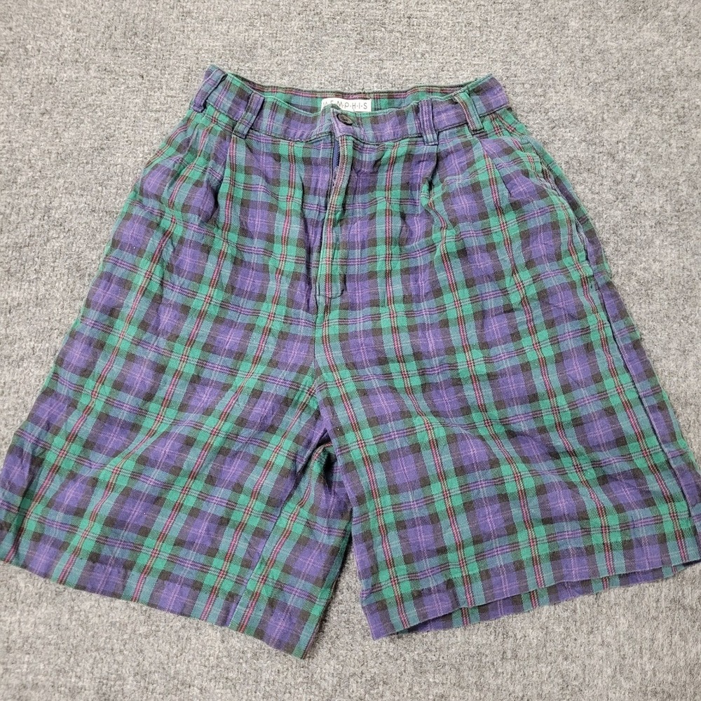 Memphis Shorts Womens Size 3 Purple Green Plaid Pleated Cotton USA Made Vintage